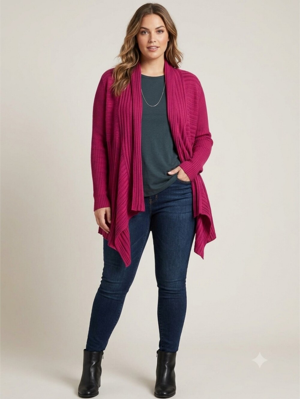 Daisy Fuentes Fuschia Open Front Draped Waterfall Cardigan